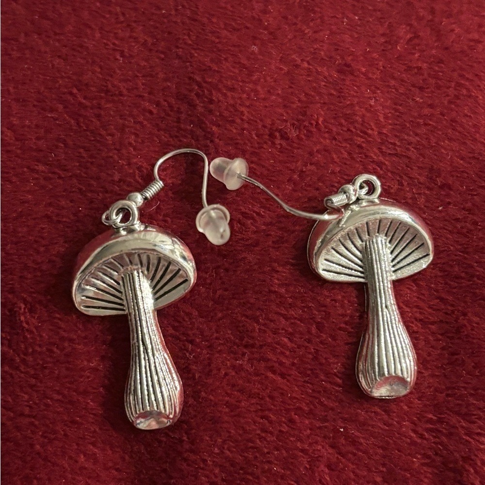 Silver Mushroom Dangle Earrings Cottagecore‎ Nature Jewelry Boho Drop Earrings